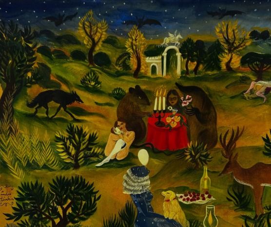 Painting of a nighttime picnic in a dense, colorful garden with bears, a wolf, deer and figures around a red-draped table.
